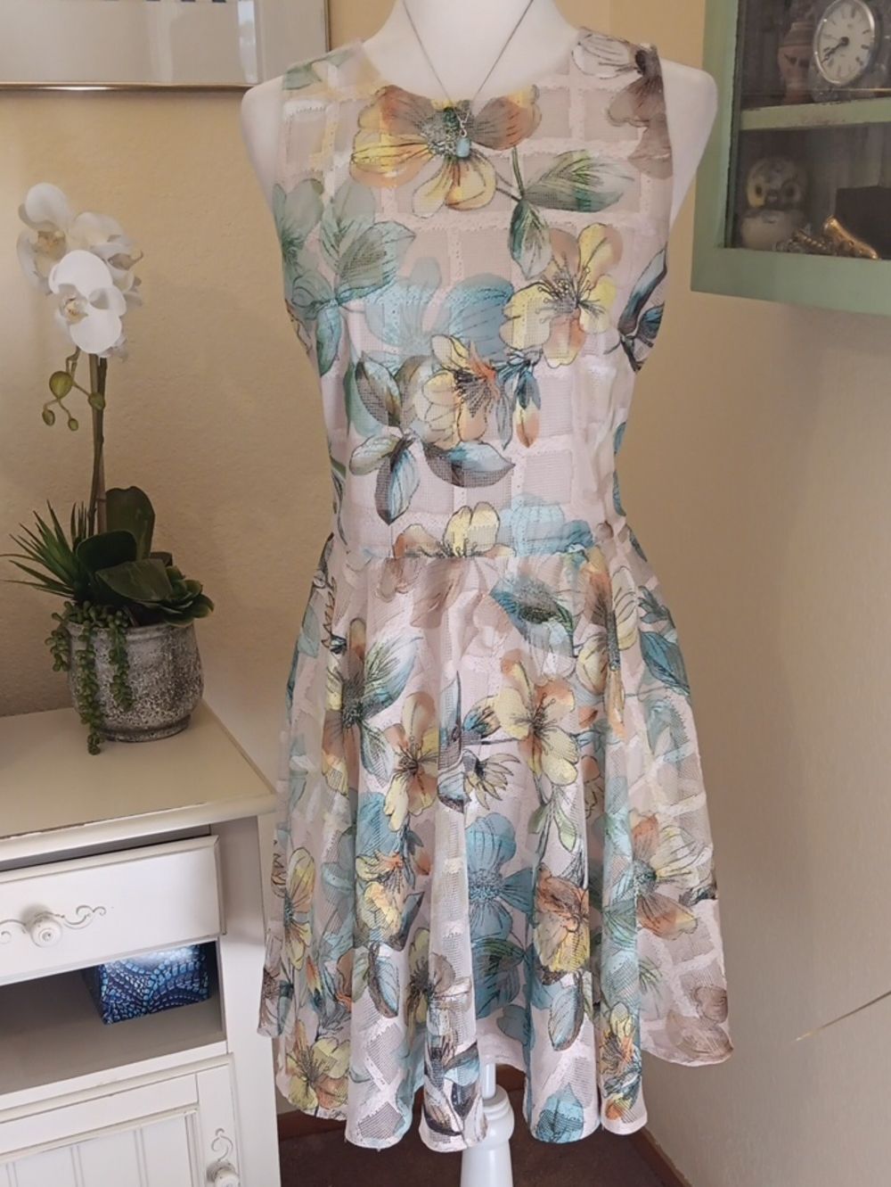 Danny & Nicole Cream Textured Floral Dress with Yellow Accents